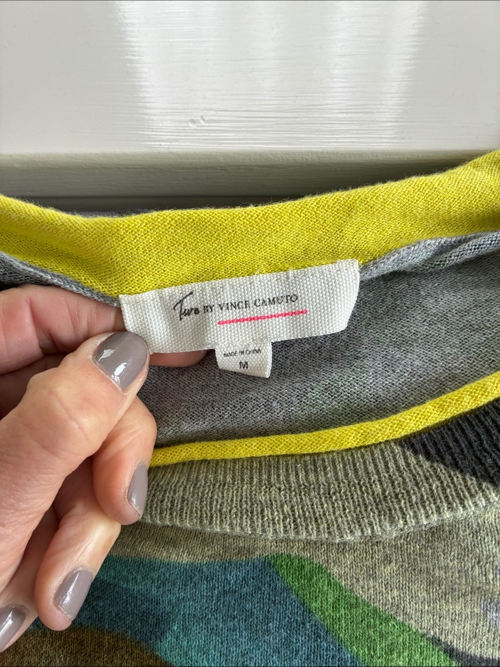Two by Vince Camuto Gray Sweater with Yellow Trim and Green & Teal Accents